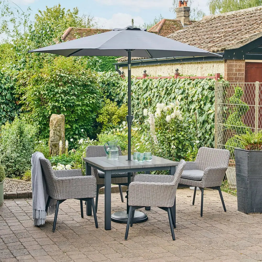 LeisureGrow Oslo | 4 Seat Square Dining Set with 2.5m Deluxe Parasol - Outdoor CNTR