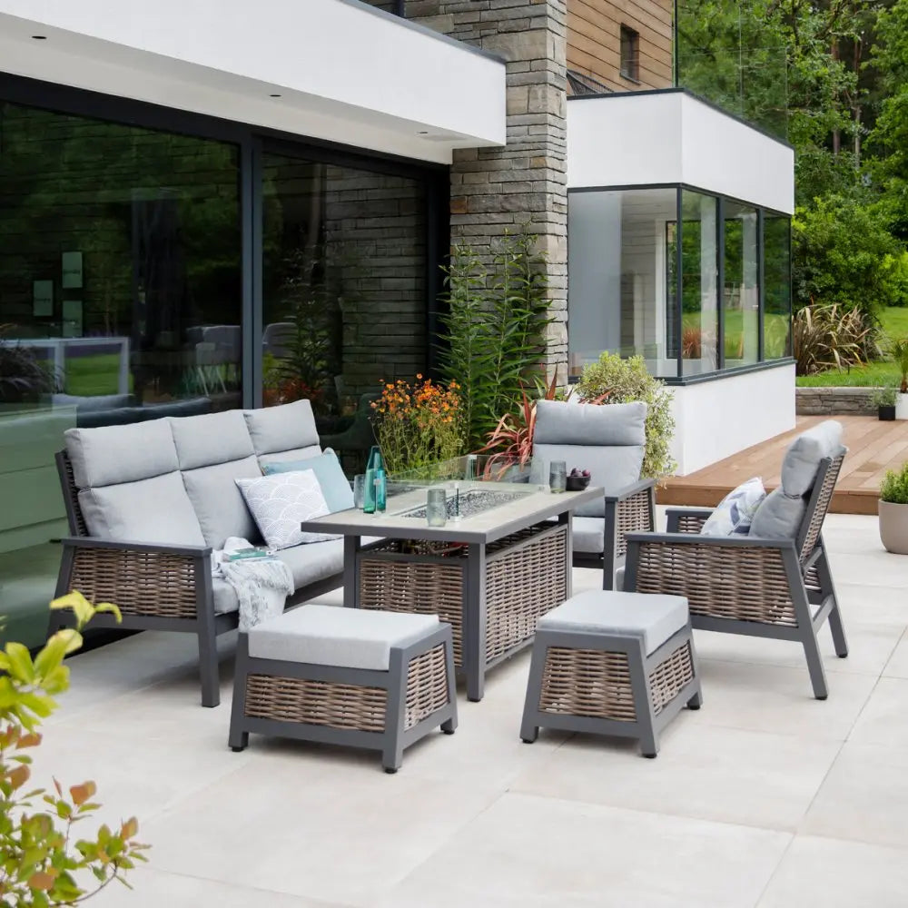 LeisureGrow Seville | Lounge Dining Set with Gas Firepit Table - Outdoor CNTR