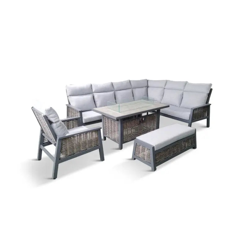 LeisureGrow Seville | Modular Dining Set with Lounge Chair and Gas Firepit Table - Outdoor CNTR