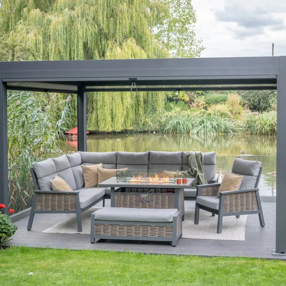 LeisureGrow Seville | Modular Dining Set with Lounge Chair and Gas Firepit Table - Outdoor CNTR